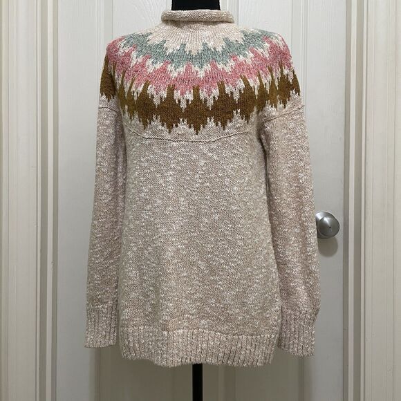 LL Bean Cotton Ragg Nordic Fair Isle Funnel Neck Pullover Knit Sweater Small - Picture 1 of 7